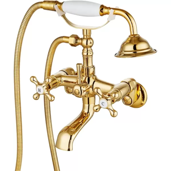 imagegotonovo Clawfoot Bathtub Faucet Tub Filler with Hand Held Shower Faucet Set Victorian Double Cross Handle 6 Inch Center Adjustable Swing Arms Tub Mount Short Adapter Matte BlackPolished Gold