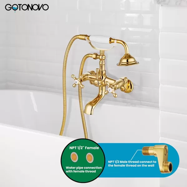 imagegotonovo Clawfoot Bathtub Faucet Tub Filler with Hand Held Shower Faucet Set Victorian Double Cross Handle 6 Inch Center Adjustable Swing Arms Tub Mount Short Adapter Matte BlackPolished Gold