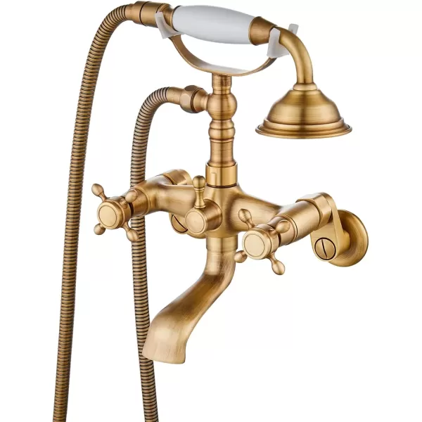 imagegotonovo Clawfoot Bathtub Faucet Tub Filler with Hand Held Shower Faucet Set Victorian Double Cross Handle 6 Inch Center Adjustable Swing Arms Tub Mount Short Adapter Matte BlackAntique Brass