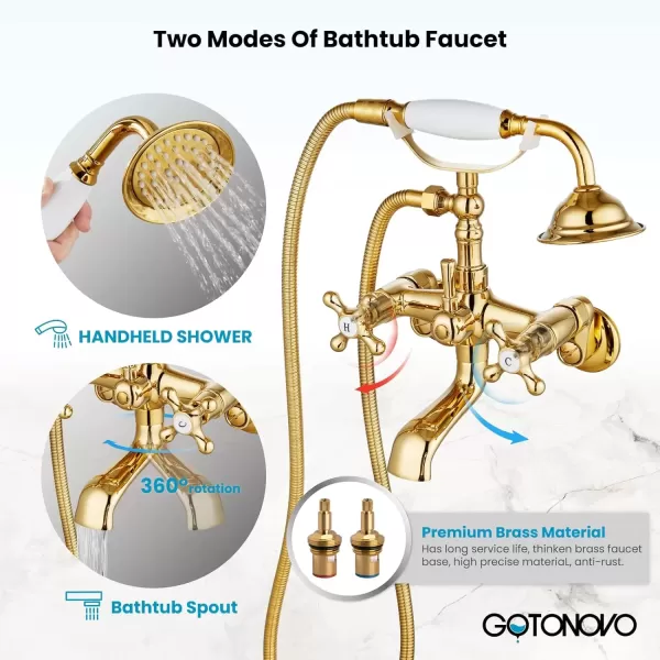imagegotonovo Clawfoot Bathtub Faucet Tub Filler with Hand Held Shower Faucet Set Victorian Double Cross Handle 6 Inch Center Adjustable Swing Arms Tub Mount Short Adapter Matte BlackPolished Gold