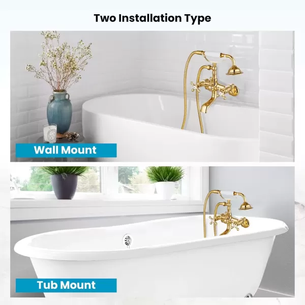 imagegotonovo Clawfoot Bathtub Faucet Tub Filler with Hand Held Shower Faucet Set Victorian Double Cross Handle 6 Inch Center Adjustable Swing Arms Tub Mount Short Adapter Matte BlackPolished Gold