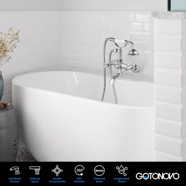 imagegotonovo Clawfoot Bathtub Faucet Tub Filler with Hand Held Shower Faucet Set Victorian Double Cross Handle 6 Inch Center Adjustable Swing Arms Tub Mount Short Adapter Matte BlackPolished Chrome