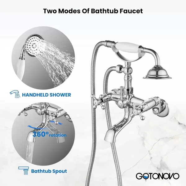 imagegotonovo Clawfoot Bathtub Faucet Tub Filler with Hand Held Shower Faucet Set Victorian Double Cross Handle 6 Inch Center Adjustable Swing Arms Tub Mount Short Adapter Matte BlackPolished Chrome