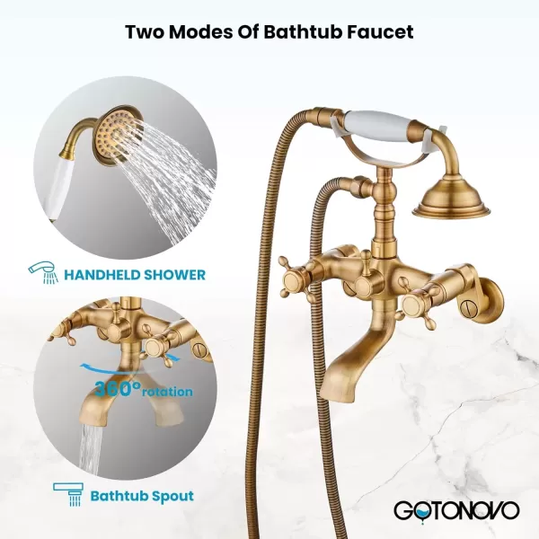 imagegotonovo Clawfoot Bathtub Faucet Tub Filler with Hand Held Shower Faucet Set Victorian Double Cross Handle 6 Inch Center Adjustable Swing Arms Tub Mount Short Adapter Matte BlackAntique Brass