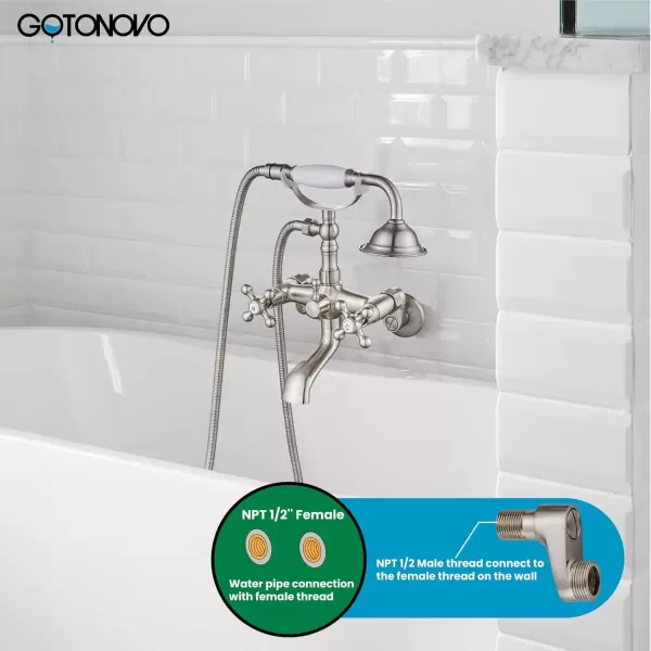 imagegotonovo Clawfoot Bathtub Faucet Tub Filler with Hand Held Shower Faucet Set Victorian Double Cross Handle 6 Inch Center Adjustable Swing Arms Tub Mount Short Adapter Matte BlackBrushed Nickel