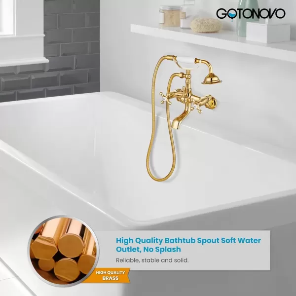 imagegotonovo Clawfoot Bathtub Faucet Tub Filler with Hand Held Shower Faucet Set Victorian Double Cross Handle 6 Inch Center Adjustable Swing Arms Tub Mount Short Adapter Matte BlackPolished Gold