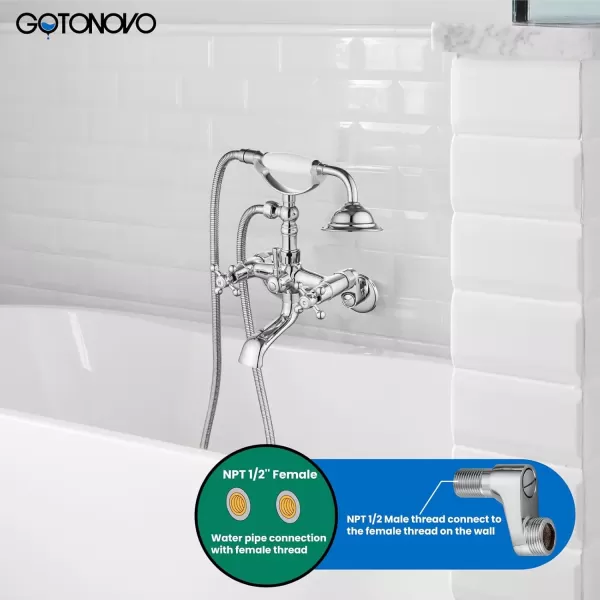 imagegotonovo Clawfoot Bathtub Faucet Tub Filler with Hand Held Shower Faucet Set Victorian Double Cross Handle 6 Inch Center Adjustable Swing Arms Tub Mount Short Adapter Matte BlackPolished Chrome