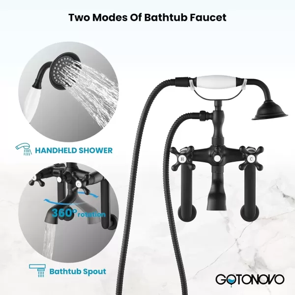 imagegotonovo Clawfoot Bathtub Faucet Tub Filler with Hand Held Shower Faucet Set Victorian Double Cross Handle 6 Inch Center Adjustable Swing Arms Tub Mount Short Adapter Matte BlackMatte Black