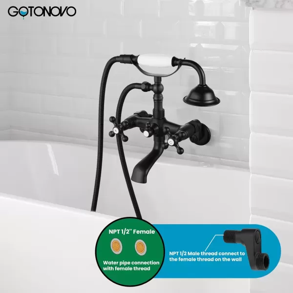 imagegotonovo Clawfoot Bathtub Faucet Tub Filler with Hand Held Shower Faucet Set Victorian Double Cross Handle 6 Inch Center Adjustable Swing Arms Tub Mount Short Adapter Matte BlackMatte Black