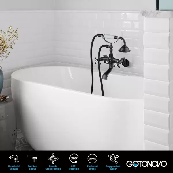 imagegotonovo Clawfoot Bathtub Faucet Tub Filler with Hand Held Shower Faucet Set Victorian Double Cross Handle 6 Inch Center Adjustable Swing Arms Tub Mount Short Adapter Matte BlackOil Rubbed Bronze