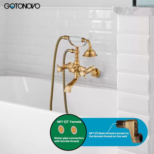 imagegotonovo Clawfoot Bathtub Faucet Tub Filler with Hand Held Shower Faucet Set Victorian Double Cross Handle 6 Inch Center Adjustable Swing Arms Tub Mount Short Adapter Matte BlackAntique Brass