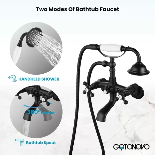 imagegotonovo Clawfoot Bathtub Faucet Tub Filler with Hand Held Shower Faucet Set Victorian Double Cross Handle 6 Inch Center Adjustable Swing Arms Tub Mount Short Adapter Matte BlackMatte Black