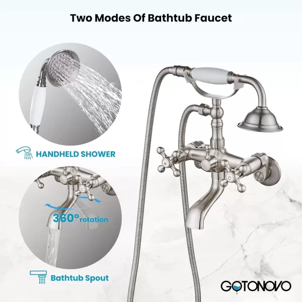 imagegotonovo Clawfoot Bathtub Faucet Tub Filler with Hand Held Shower Faucet Set Victorian Double Cross Handle 6 Inch Center Adjustable Swing Arms Tub Mount Short Adapter Matte BlackBrushed Nickel