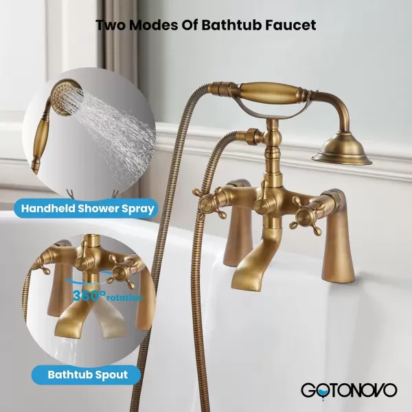 imagegotonovo Clawfoot Bathtub Faucet with Handheld Shower Tub Shower Faucet Set Victoria Vintage Telephone Shaped Sprayer Showerheld Double Cross Handle Deck Mount Brushed NickelAntique Brass