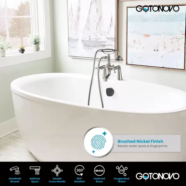 imagegotonovo Clawfoot Bathtub Faucet with Handheld Shower Tub Shower Faucet Set Victoria Vintage Telephone Shaped Sprayer Showerheld Double Cross Handle Deck Mount Brushed NickelBrushed Nickel