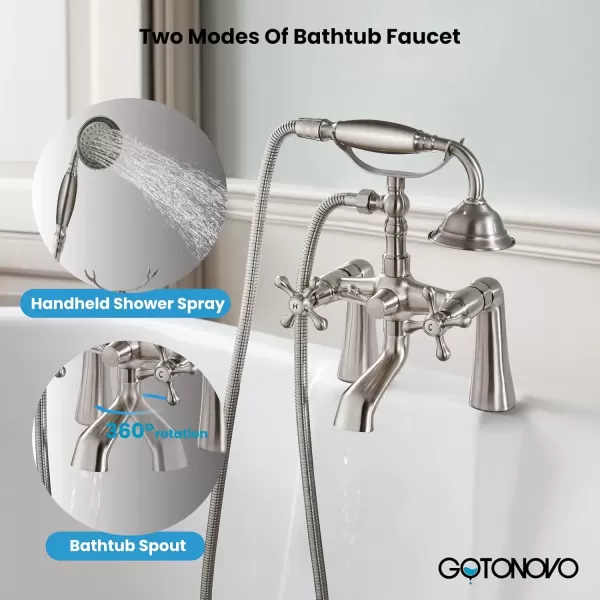 imagegotonovo Clawfoot Bathtub Faucet with Handheld Shower Tub Shower Faucet Set Victoria Vintage Telephone Shaped Sprayer Showerheld Double Cross Handle Deck Mount Brushed NickelBrushed Nickel