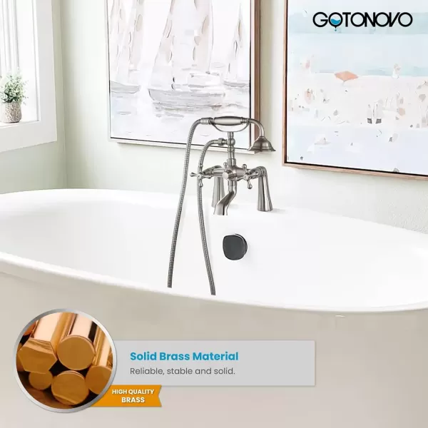 imagegotonovo Clawfoot Bathtub Faucet with Handheld Shower Tub Shower Faucet Set Victoria Vintage Telephone Shaped Sprayer Showerheld Double Cross Handle Deck Mount Brushed NickelBrushed Nickel