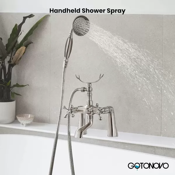 imagegotonovo Clawfoot Bathtub Faucet with Handheld Shower Tub Shower Faucet Set Victoria Vintage Telephone Shaped Sprayer Showerheld Double Cross Handle Deck Mount Brushed NickelBrushed Nickel