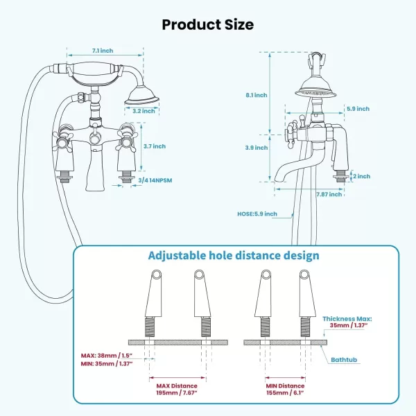 imagegotonovo Clawfoot Bathtub Faucet with Handheld Shower Tub Shower Faucet Set Victoria Vintage Telephone Shaped Sprayer Showerheld Double Cross Handle Deck Mount Brushed NickelPolished Chrome