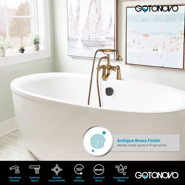 imagegotonovo Clawfoot Bathtub Faucet with Handheld Shower Tub Shower Faucet Set Victoria Vintage Telephone Shaped Sprayer Showerheld Double Cross Handle Deck Mount Brushed NickelAntique Brass