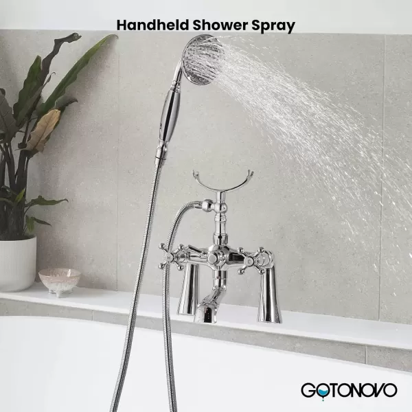 imagegotonovo Clawfoot Bathtub Faucet with Handheld Shower Tub Shower Faucet Set Victoria Vintage Telephone Shaped Sprayer Showerheld Double Cross Handle Deck Mount Brushed NickelPolished Chrome