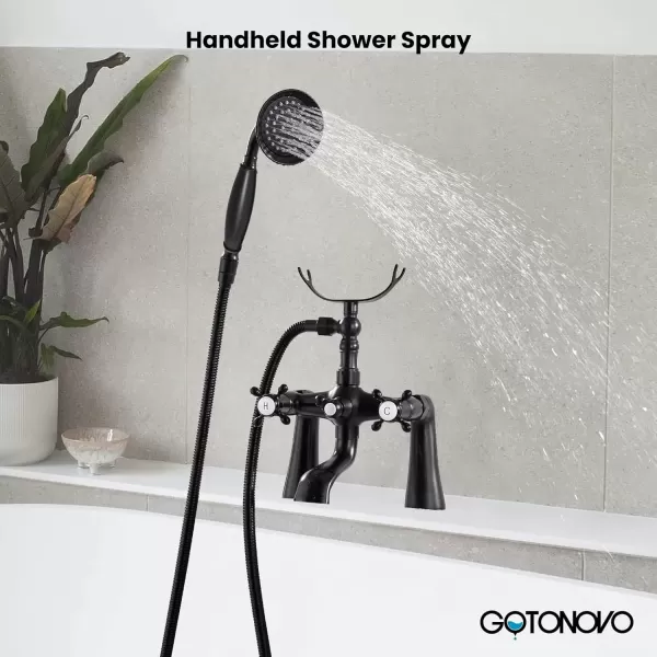 imagegotonovo Clawfoot Bathtub Faucet with Handheld Shower Tub Shower Faucet Set Victoria Vintage Telephone Shaped Sprayer Showerheld Double Cross Handle Deck Mount Brushed NickelMatte Black