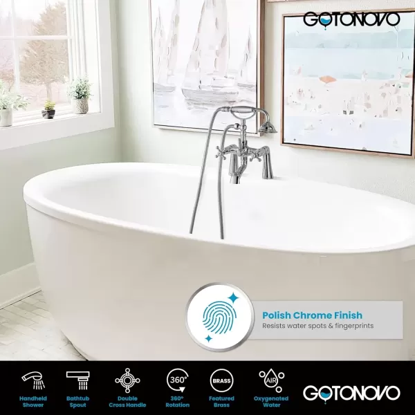 imagegotonovo Clawfoot Bathtub Faucet with Handheld Shower Tub Shower Faucet Set Victoria Vintage Telephone Shaped Sprayer Showerheld Double Cross Handle Deck Mount Brushed NickelPolished Chrome