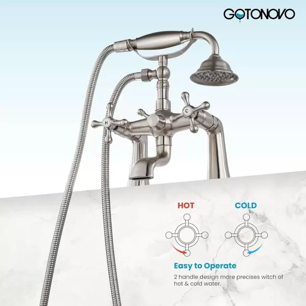 imagegotonovo Clawfoot Bathtub Faucet with Handheld Shower Tub Shower Faucet Set Victoria Vintage Telephone Shaped Sprayer Showerheld Double Cross Handle Deck Mount Brushed NickelBrushed Nickel