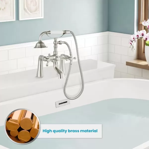 imagegotonovo Deck Mount Tub Bathtub Faucet Clawfoot with Handheld Shower 6 Inch Brushed Nickel Telephone Shaped Sprayer Showerheld Double Cross HandleBrushed Nickel