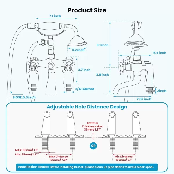 imagegotonovo Deck Mount Tub Bathtub Faucet Clawfoot with Handheld Shower 6 Inch Brushed Nickel Telephone Shaped Sprayer Showerheld Double Cross HandleBrushed Nickel