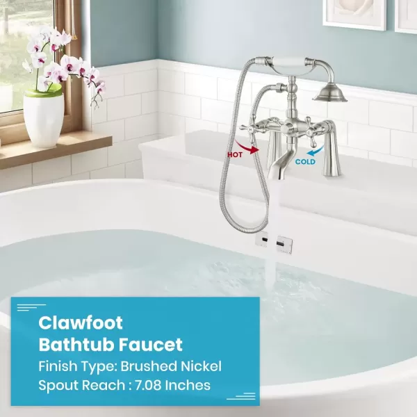 imagegotonovo Deck Mount Tub Bathtub Faucet Clawfoot with Handheld Shower 6 Inch Brushed Nickel Telephone Shaped Sprayer Showerheld Double Cross HandleBrushed Nickel