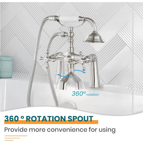 imagegotonovo Deck Mount Tub Bathtub Faucet Clawfoot with Handheld Shower 6 Inch Brushed Nickel Telephone Shaped Sprayer Showerheld Double Cross HandleBrushed Nickel