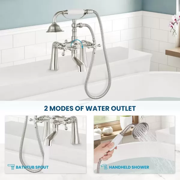imagegotonovo Deck Mount Tub Bathtub Faucet Clawfoot with Handheld Shower 6 Inch Brushed Nickel Telephone Shaped Sprayer Showerheld Double Cross HandleBrushed Nickel