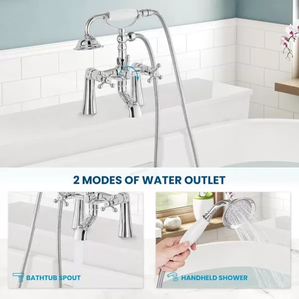 imagegotonovo Deck Mount Tub Bathtub Faucet Clawfoot with Handheld Shower 6 Inch Brushed Nickel Telephone Shaped Sprayer Showerheld Double Cross HandlePolish Chrome