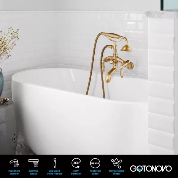 imagegotonovo Wall Mount 3 38 Clawfoot Tub Faucet for Bathtub with Hand Held Shower Sprayer Double Level Handle with Hot and Cold Water Adapter Adjustable Swing Arms Matte BlackAntique Brass