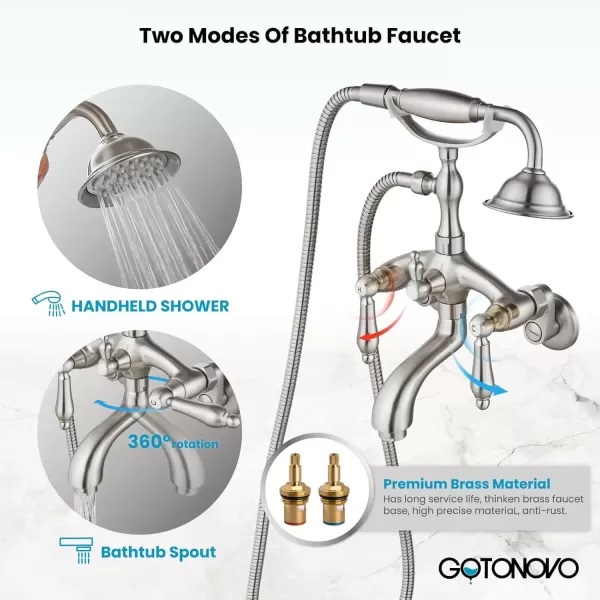 imagegotonovo Wall Mount 3 38 Clawfoot Tub Faucet for Bathtub with Hand Held Shower Sprayer Double Level Handle with Hot and Cold Water Adapter Adjustable Swing Arms Matte BlackBrushed Nickel