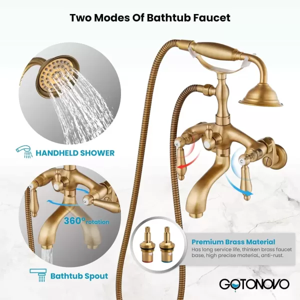 imagegotonovo Wall Mount 3 38 Clawfoot Tub Faucet for Bathtub with Hand Held Shower Sprayer Double Level Handle with Hot and Cold Water Adapter Adjustable Swing Arms Matte BlackAntique Brass