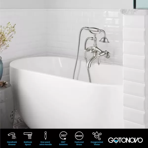 imagegotonovo Wall Mount 3 38 Clawfoot Tub Faucet for Bathtub with Hand Held Shower Sprayer Double Level Handle with Hot and Cold Water Adapter Adjustable Swing Arms Matte BlackBrushed Nickel