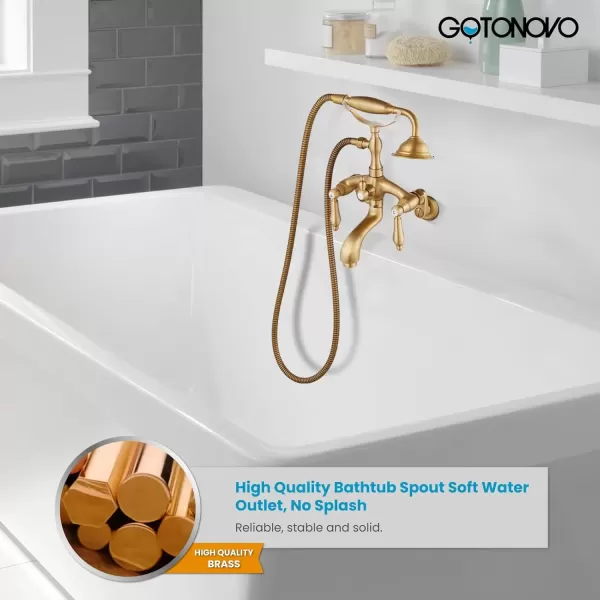 imagegotonovo Wall Mount 3 38 Clawfoot Tub Faucet for Bathtub with Hand Held Shower Sprayer Double Level Handle with Hot and Cold Water Adapter Adjustable Swing Arms Matte BlackAntique Brass