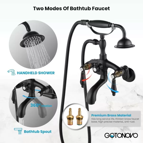imagegotonovo Wall Mount 3 38 Clawfoot Tub Faucet for Bathtub with Hand Held Shower Sprayer Double Level Handle with Hot and Cold Water Adapter Adjustable Swing Arms Matte BlackMatte Black