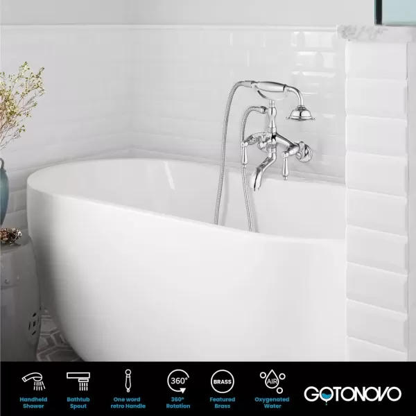 imagegotonovo Wall Mount 3 38 Clawfoot Tub Faucet for Bathtub with Hand Held Shower Sprayer Double Level Handle with Hot and Cold Water Adapter Adjustable Swing Arms Matte BlackPolished Chrome