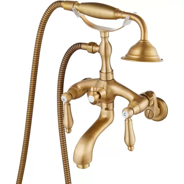 imagegotonovo Wall Mount 3 38 Clawfoot Tub Faucet for Bathtub with Hand Held Shower Sprayer Double Level Handle with Hot and Cold Water Adapter Adjustable Swing Arms Matte BlackAntique Brass