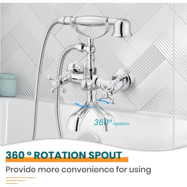 imagegotonovo Wall Mount Clawfoot Bathtub Faucet with HandHeld Spray and 360 Double Cross Handle Swivel Spout Vintage Tub Shower Faucet Set with Adapter Adjustable Swing Arms Brushed NickelPolish Chrome