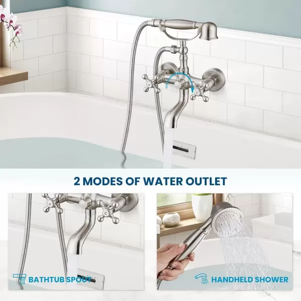 imagegotonovo Wall Mount Clawfoot Bathtub Faucet with HandHeld Spray and 360 Double Cross Handle Swivel Spout Vintage Tub Shower Faucet Set with Adapter Adjustable Swing Arms Brushed NickelBrushed Nickel