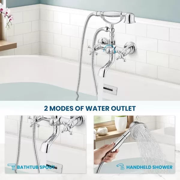imagegotonovo Wall Mount Clawfoot Bathtub Faucet with HandHeld Spray and 360 Double Cross Handle Swivel Spout Vintage Tub Shower Faucet Set with Adapter Adjustable Swing Arms Brushed NickelPolish Chrome