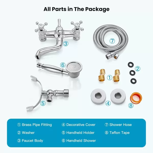 imagegotonovo Wall Mount Clawfoot Bathtub Faucet with HandHeld Spray and 360 Double Cross Handle Swivel Spout Vintage Tub Shower Faucet Set with Adapter Adjustable Swing Arms Brushed NickelPolish Chrome