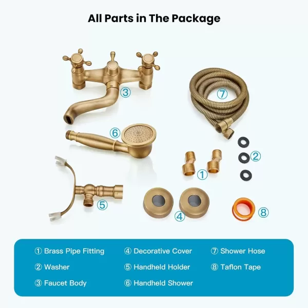 imagegotonovo Wall Mount Clawfoot Bathtub Faucet with HandHeld Spray and 360 Double Cross Handle Swivel Spout Vintage Tub Shower Faucet Set with Adapter Adjustable Swing Arms Brushed NickelAntique Brass