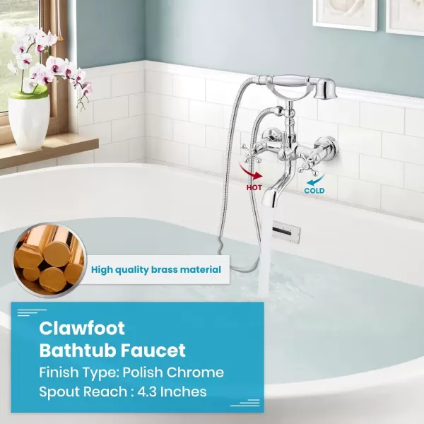 imagegotonovo Wall Mount Clawfoot Bathtub Faucet with HandHeld Spray and 360 Double Cross Handle Swivel Spout Vintage Tub Shower Faucet Set with Adapter Adjustable Swing Arms Brushed NickelPolish Chrome