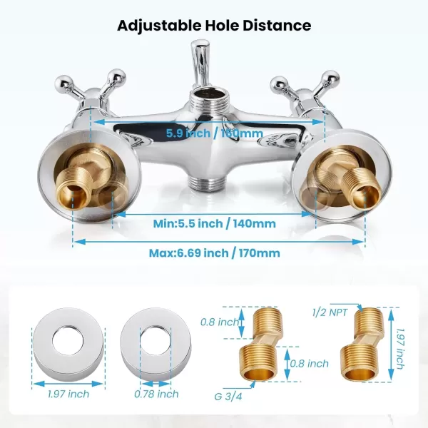 imagegotonovo Wall Mount Clawfoot Bathtub Faucet with HandHeld Spray and 360 Double Cross Handle Swivel Spout Vintage Tub Shower Faucet Set with Adapter Adjustable Swing Arms Brushed NickelPolish Chrome