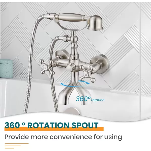 imagegotonovo Wall Mount Clawfoot Bathtub Faucet with HandHeld Spray and 360 Double Cross Handle Swivel Spout Vintage Tub Shower Faucet Set with Adapter Adjustable Swing Arms Brushed NickelBrushed Nickel